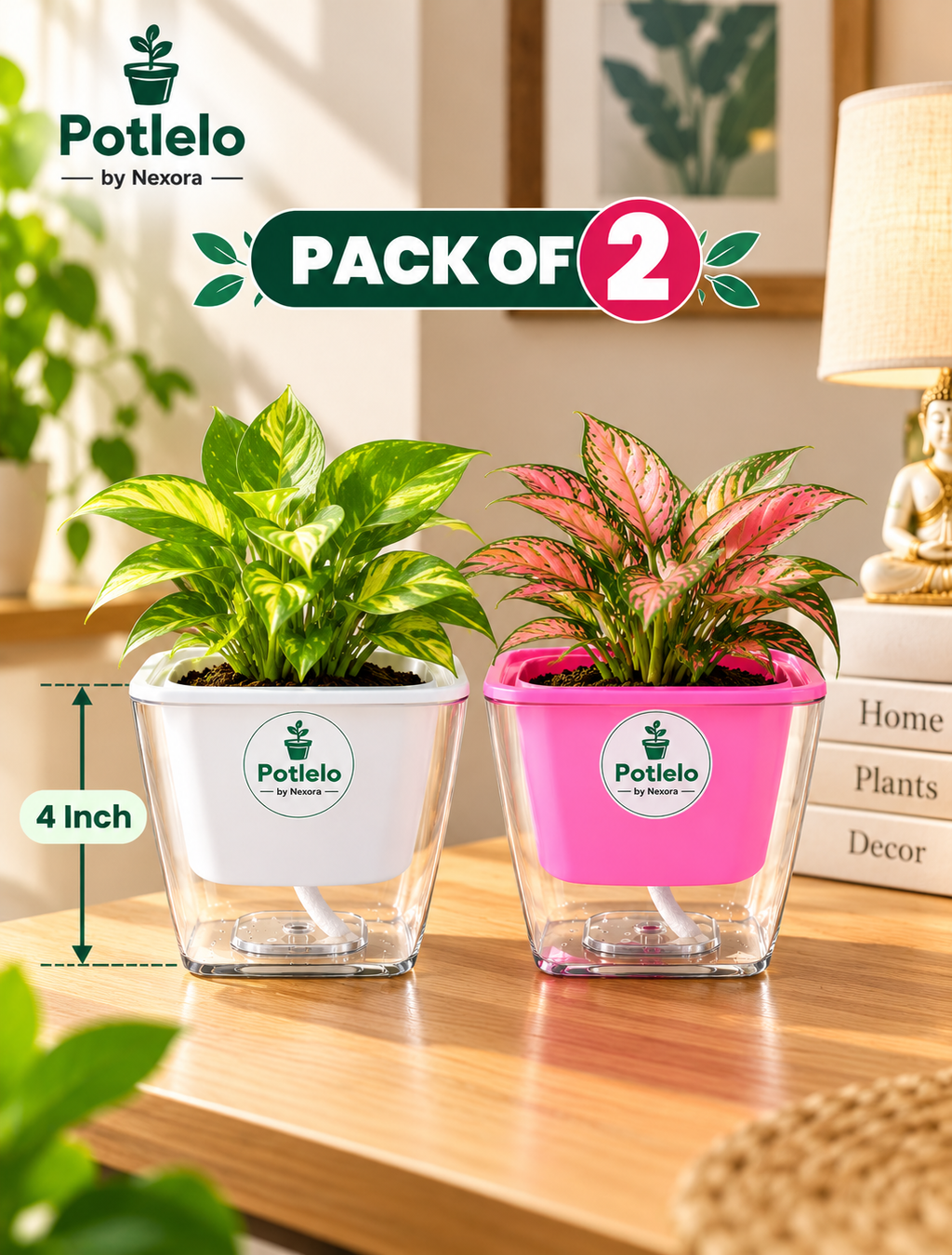 Potlelo Self-Watering Planters – Set of 2 - Pink & White | 4-Inch Indoor Plant Pots | Pot Only