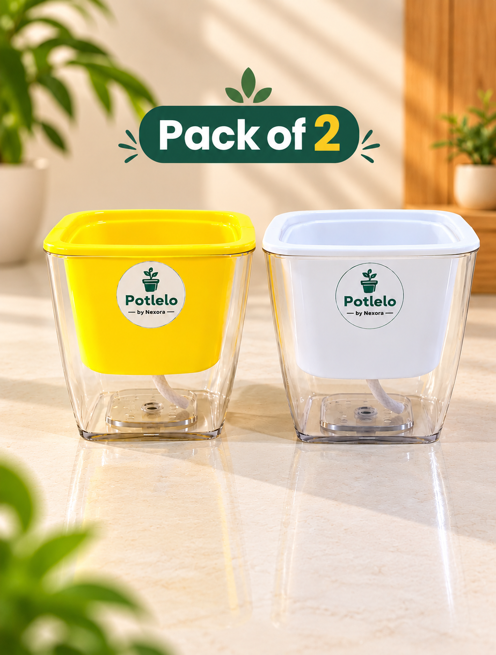 Potlelo Self-Watering Planters – Set of 2 - Yellow & White| 4-Inch Indoor Plant Pots | Pot Only