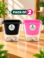 Potlelo Self-Watering Planters – Set of 2 - Black & Pink| 4-Inch Indoor Plant Pots | Pot Only