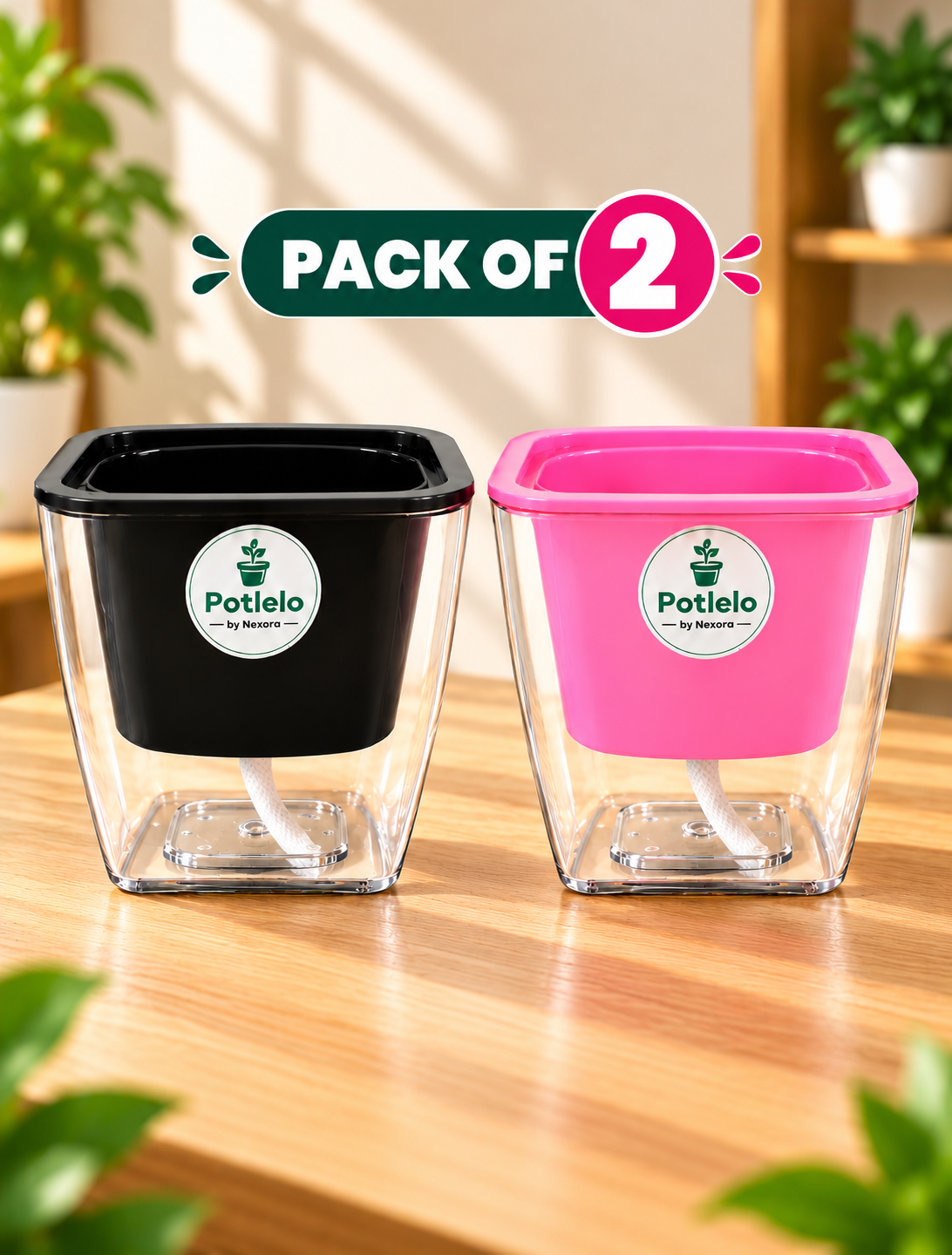 Potlelo Self-Watering Planters – Set of 2 - Black & Pink| 4-Inch Indoor Plant Pots | Pot Only