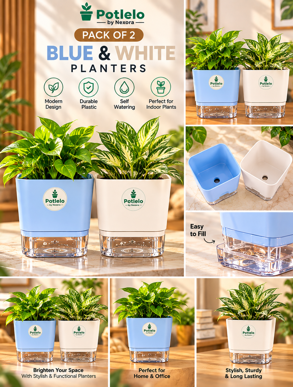 S.W Love™ Self-Watering Square Planter- White & Pastel Blue | 5×5×4 Inch | Pot only