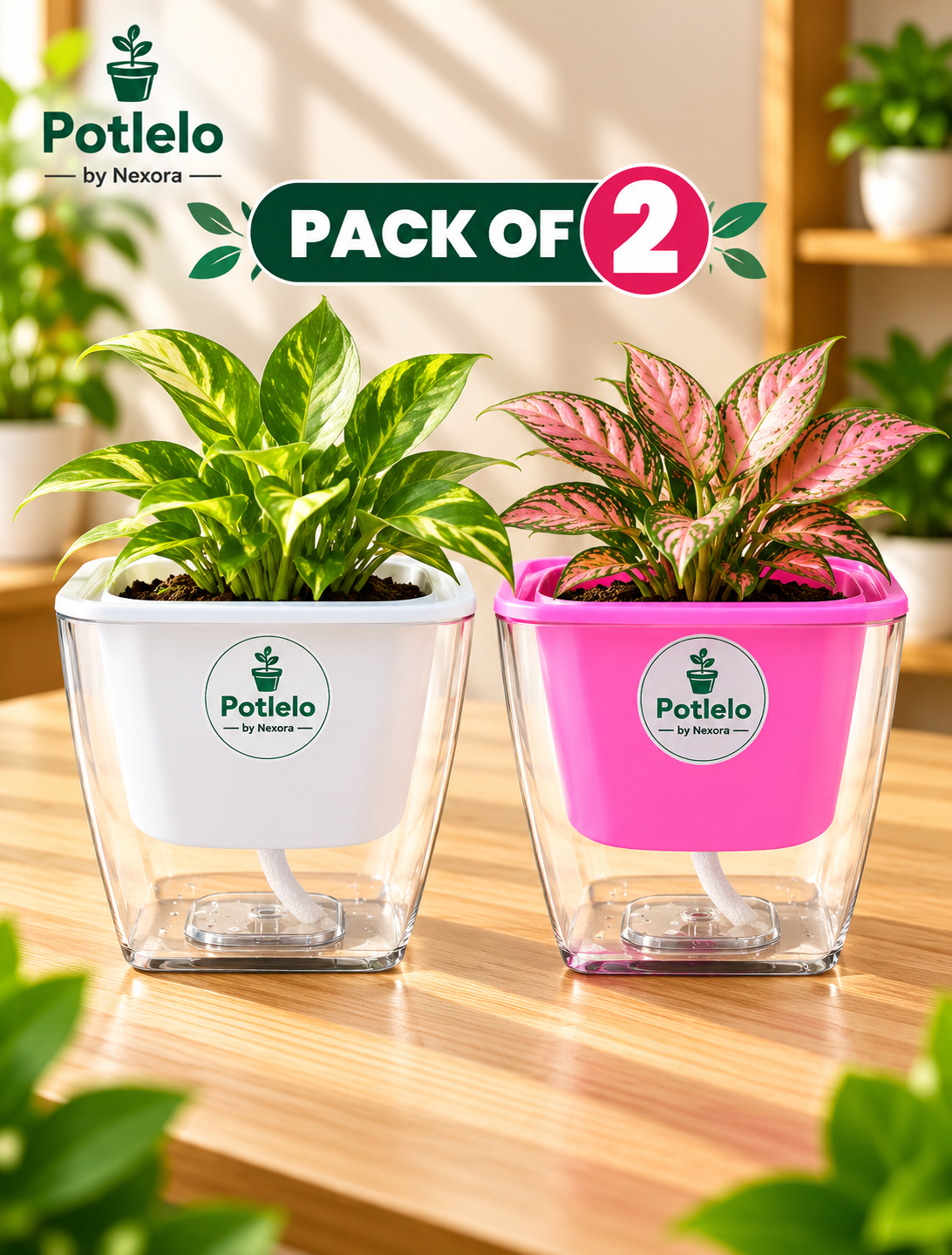 Potlelo Self-Watering Planters – Set of 2 - Pink & White | 4-Inch Indoor Plant Pots | Pot Only