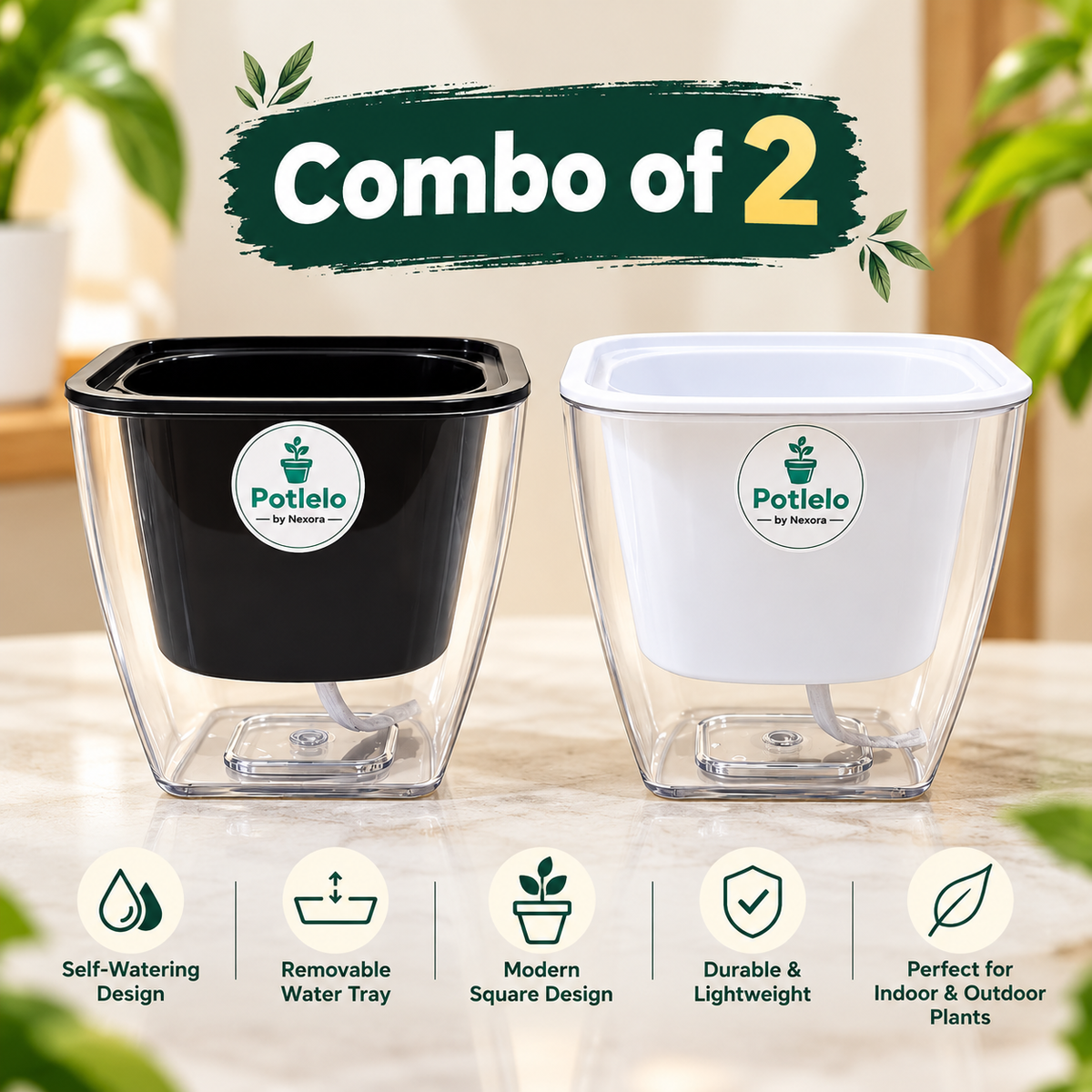 Potlelo Self-Watering Planters – Set of 2 - BLACK & WHITE | 4-Inch Indoor Plant Pots | Pot Only
