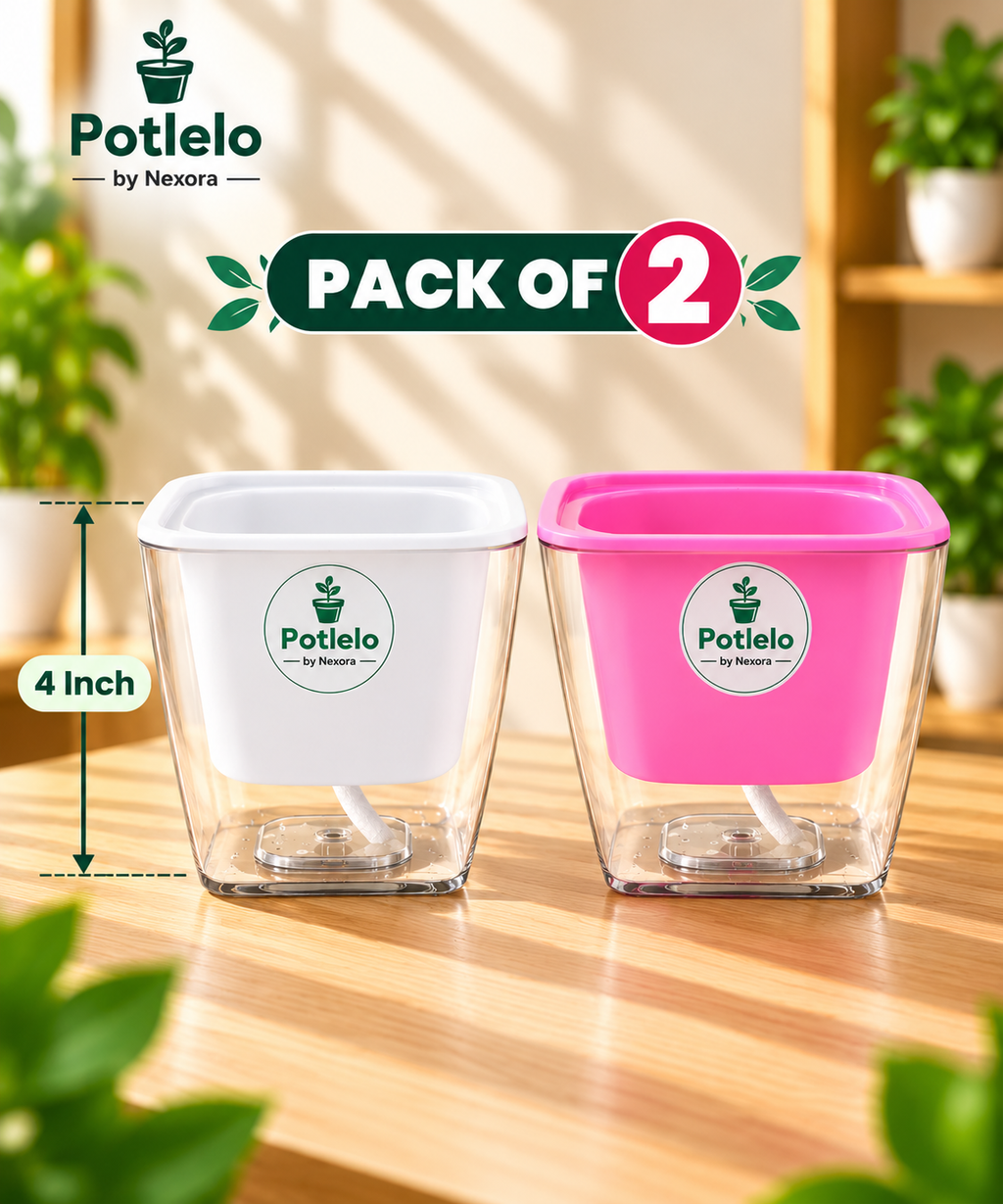 Potlelo Self-Watering Planters – Set of 2 - Pink & White | 4-Inch Indoor Plant Pots | Pot Only