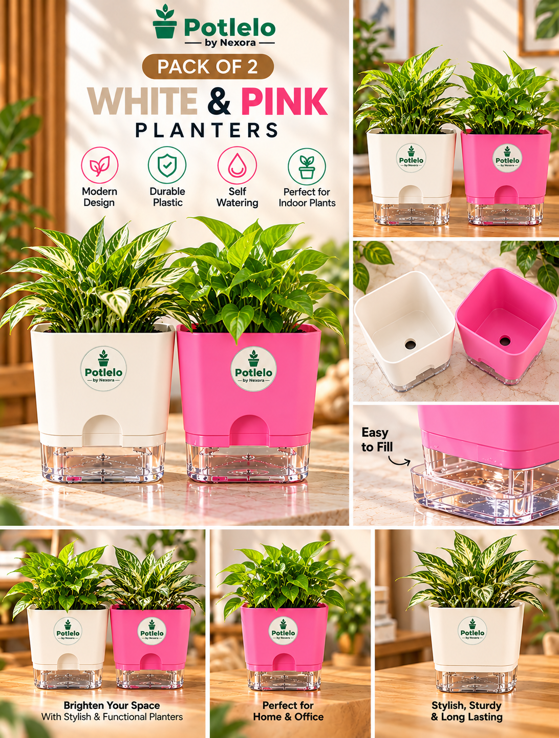S.W Love™ Self-Watering Square Planter – White & Pink | 5×5×4 Inch | Pot only