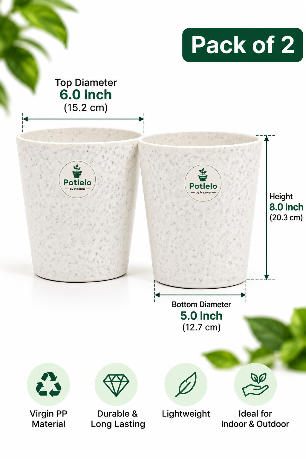 Potlelo Marble Tower Planter – 8 Inch |  Combo Pack of 2 | Pot Only
