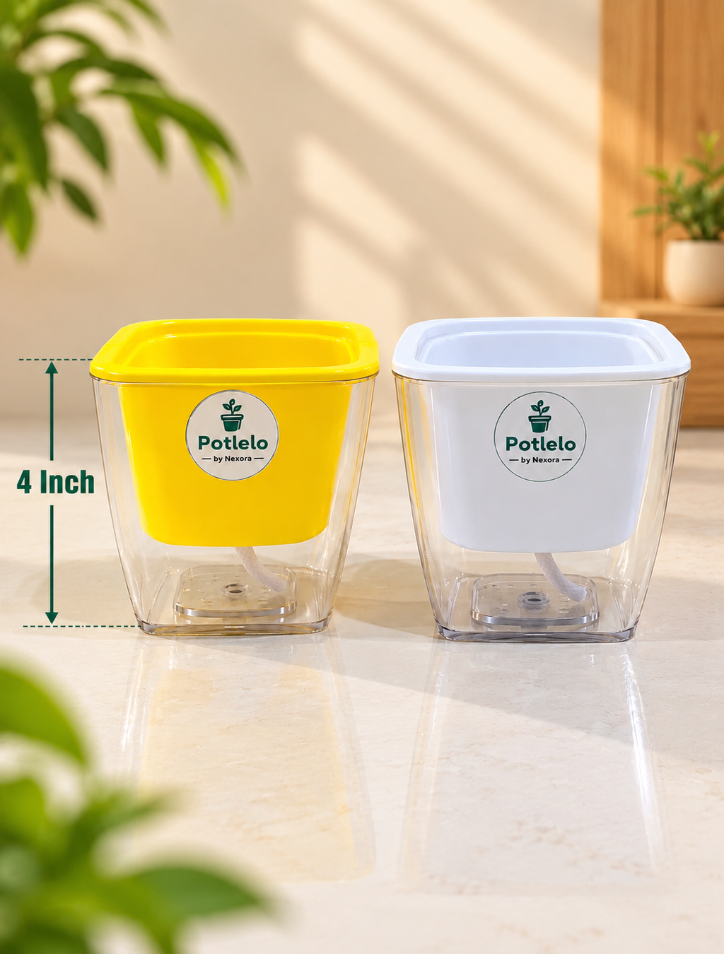 Potlelo Self-Watering Planters – Set of 2 - Yellow & White| 4-Inch Indoor Plant Pots | Pot Only